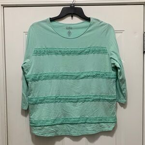 4/$10 Croft & Barrow Size 1X Mint Green Lace Detail Cotton Blend Top